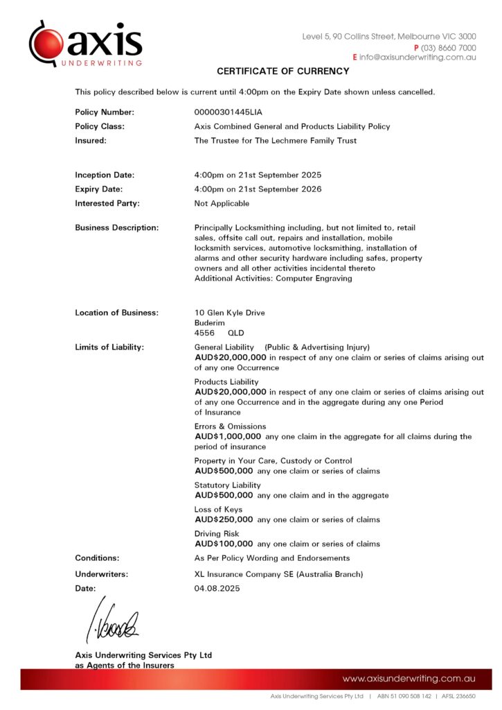 Abetta Mobile Locksmith insurance certificate of currency for 2025 to 2026
