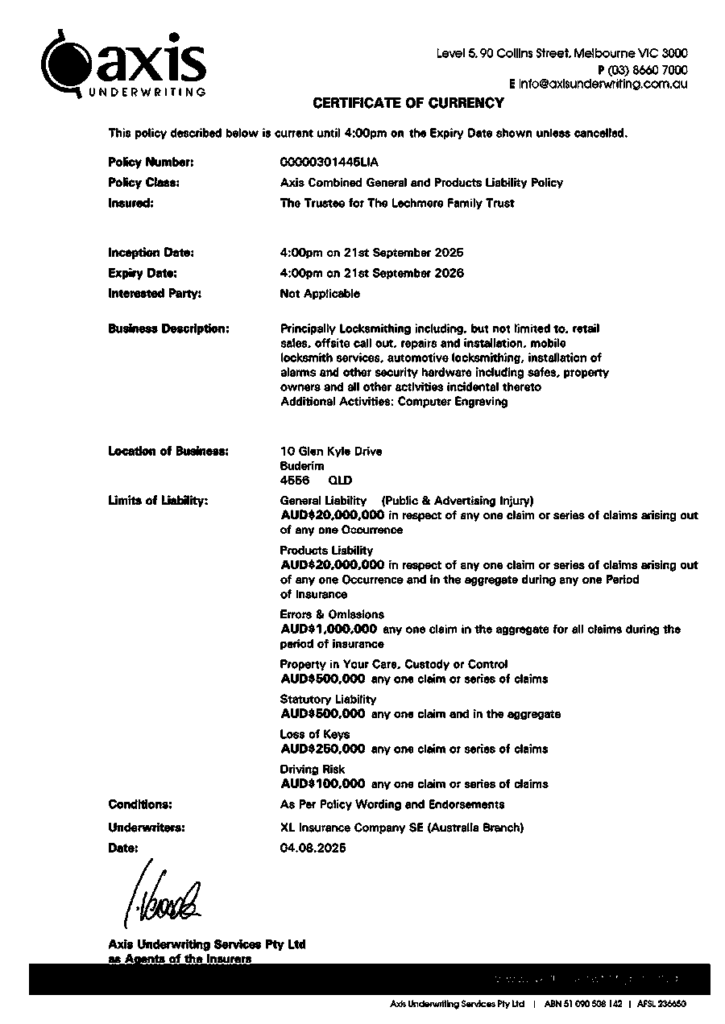Abetta Insurance Certificate of Currency 2025 to 2026